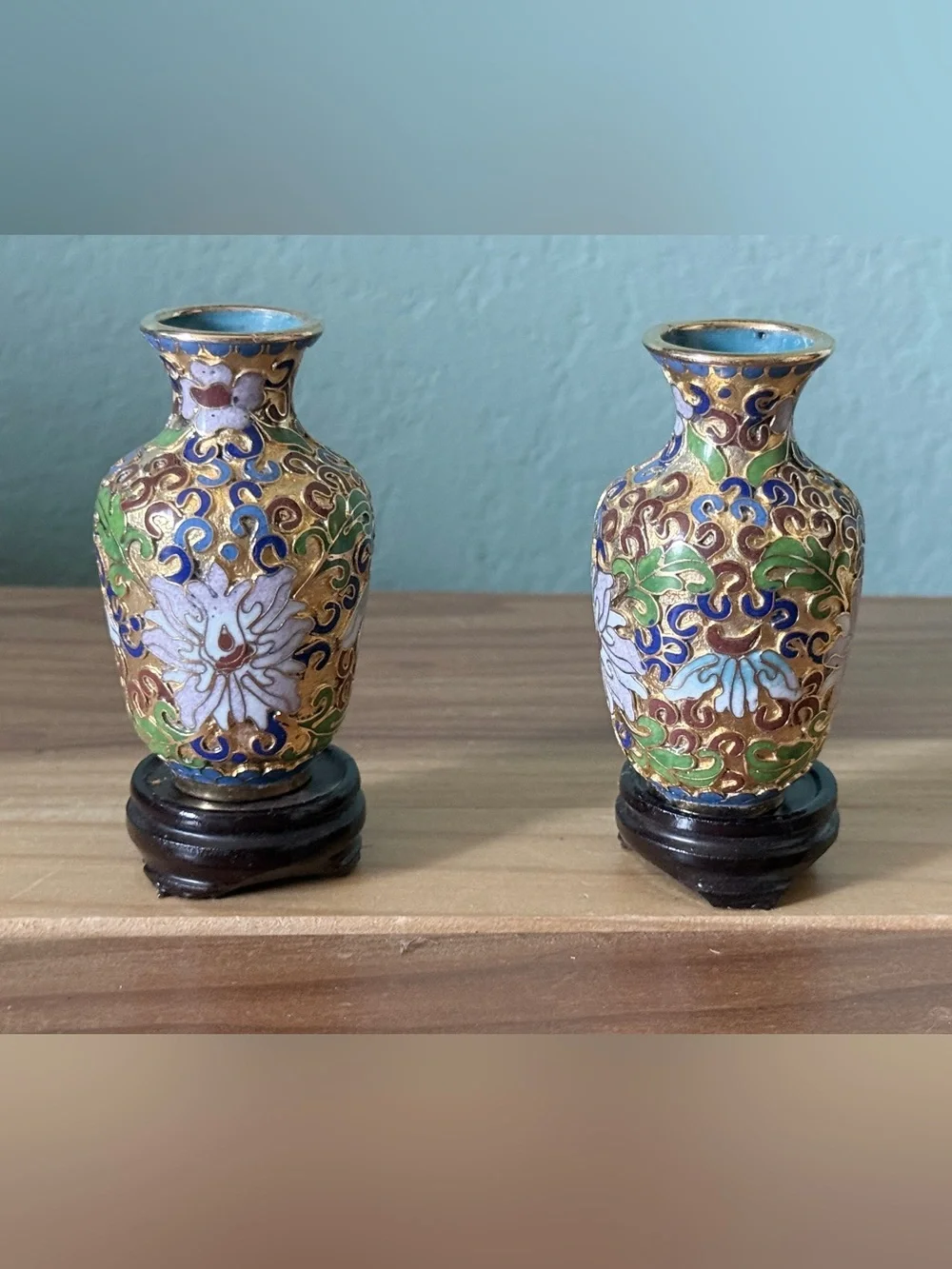 Vintage Chinese Cloisonne Lotus Vases 3” Pair w/ Wood Stands & Original Box